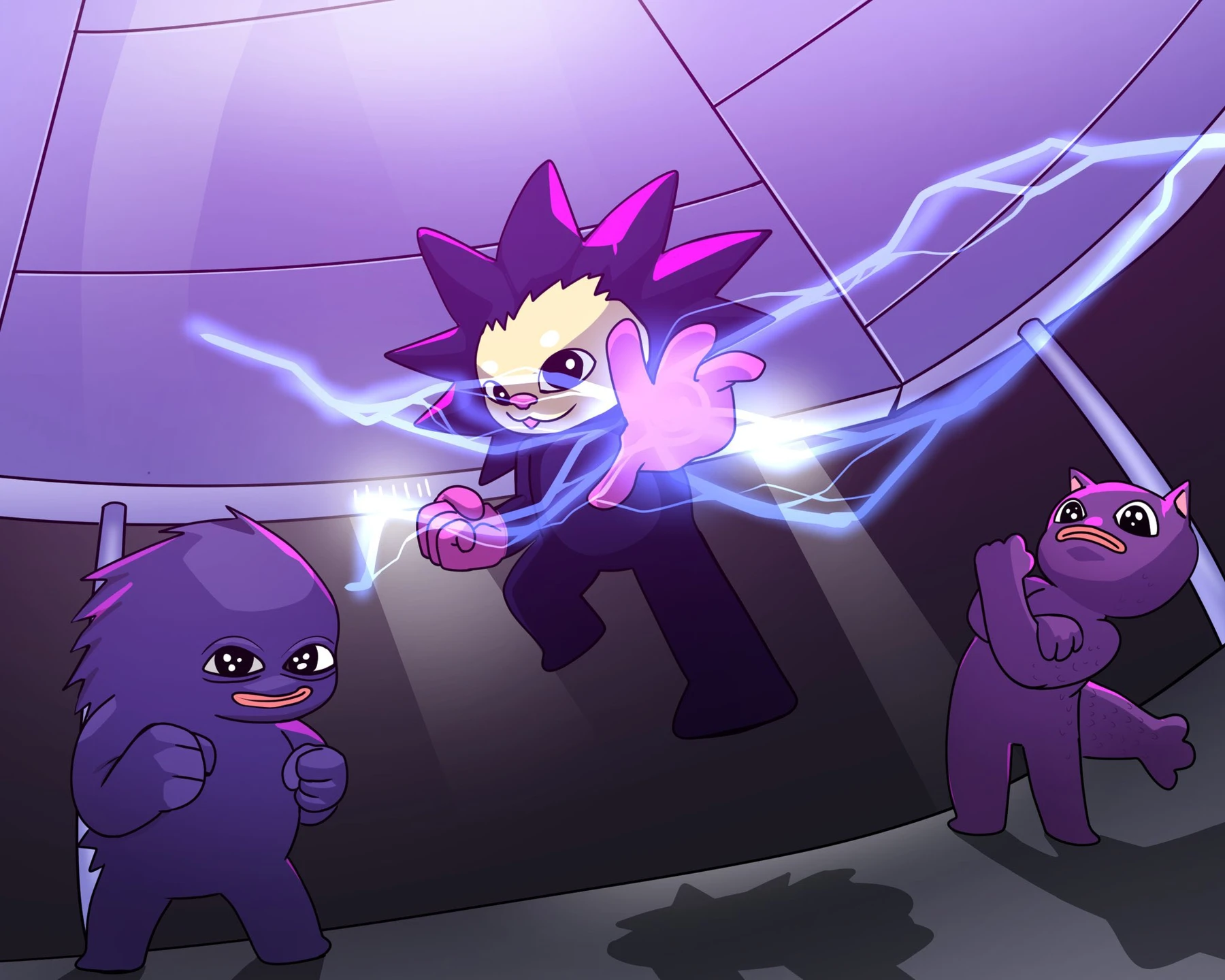 A Chog discovering its power, surrounded by purple friends in the Chog world